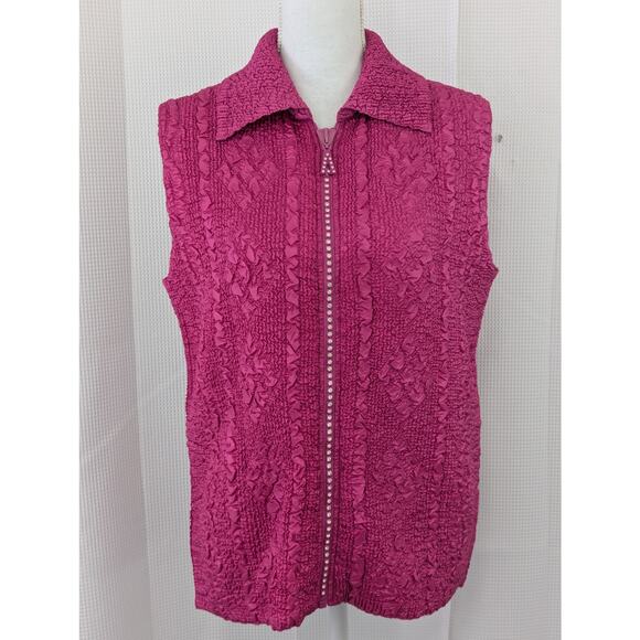NWOT! MAGIC! FUSCHIA PINK "CRUMPLED" TEXTURE, RHINESTONE ZIPPER VEST! SZ L - Picture 3 of 9
